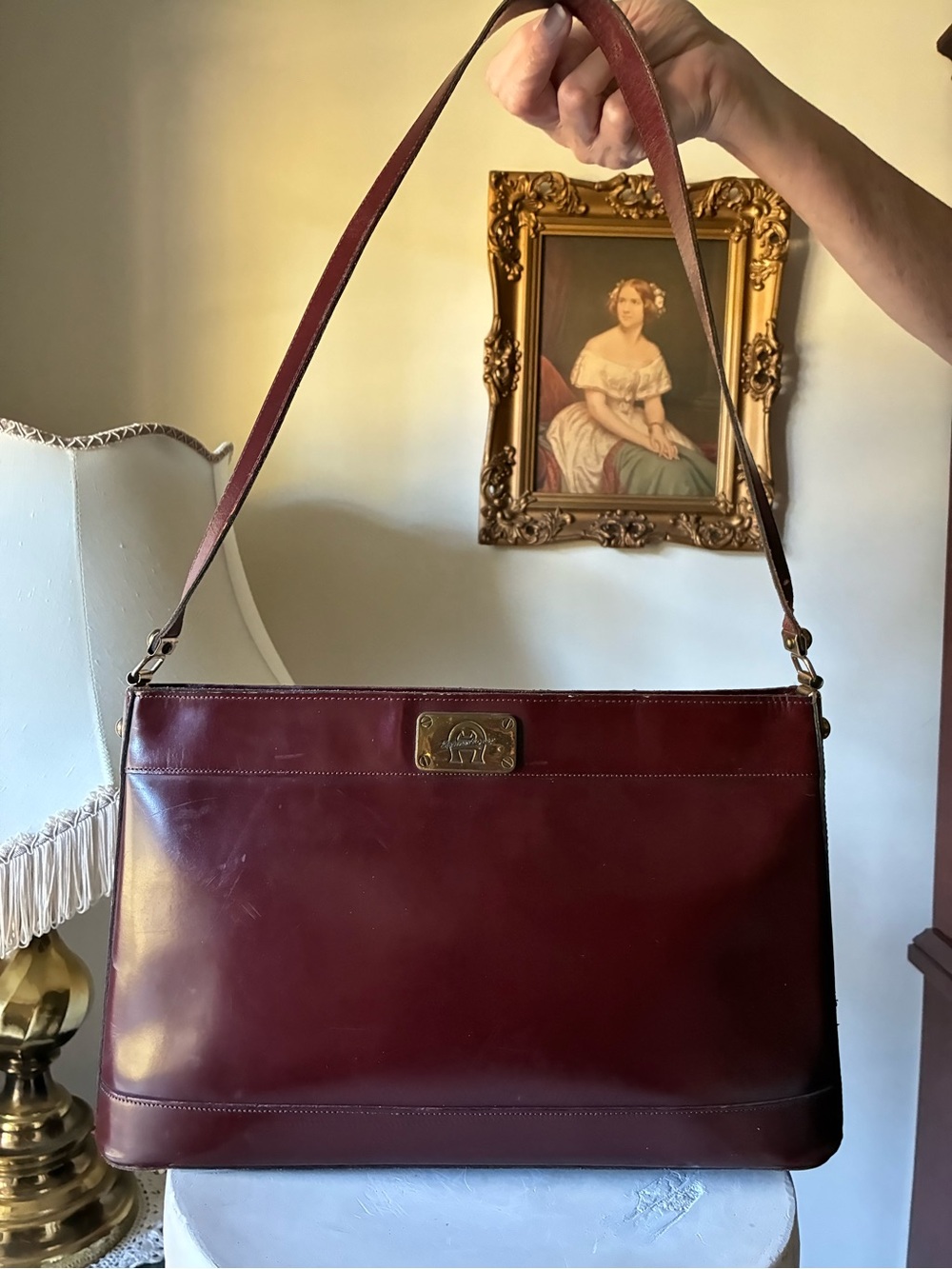 Rare 1960s 70s Handmade Etienne Aigner Burgundy Leather Shoulder Bag Brass